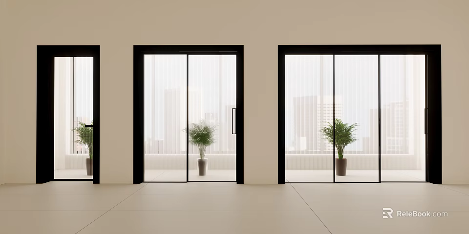 Modern Interior With Glass Sliding Doors Black Frames City View And Green Plants 3d model 