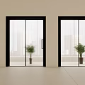 Modern Interior With Glass Sliding Doors Black Frames City View And Green Plants