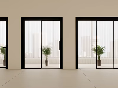 Modern Interior With Glass Sliding Doors Black Frames City View And Green Plants 3d model
