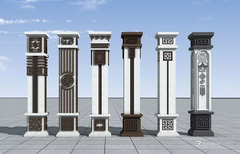 Decorative Architectural Columns With Traditional Carvings Various Colors And Ornamental Bases 3d model 