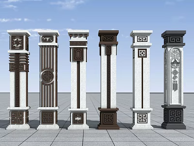 Decorative Architectural Columns With Traditional Carvings Various Colors And Ornamental Bases 3d model