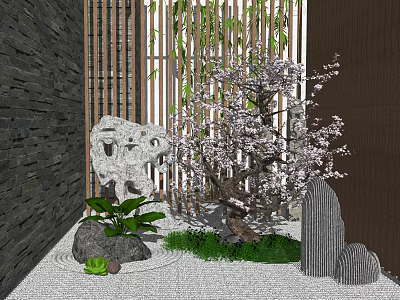 Traditional Courtyard Garden with Stone Wall Stone Rock Cherry Blossom Tree and Bamboo 3d model