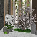 Traditional Courtyard Garden with Stone Wall Stone Rock Cherry Blossom Tree and Bamboo