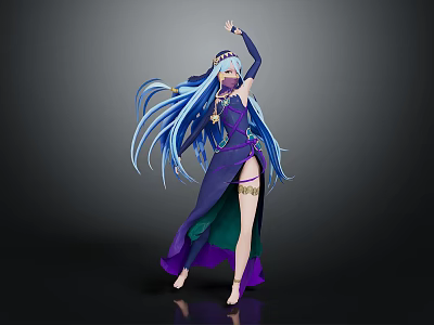 3D Mythical Creature Character With Blue Long Hair Purple Green Dress And Raised Arm Tattoo 3d model
