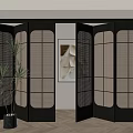 Black Frame Folding Doors with Grid Design in Minimalist Interior Space and Potted Plant