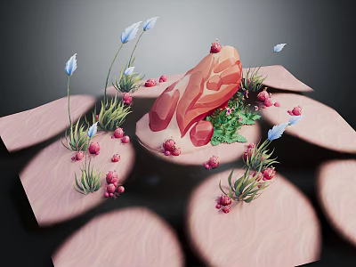 Cartoon Scene With Pink Rocks Blue Flowers Red Berries And Green Grass On Round Platforms 3d model