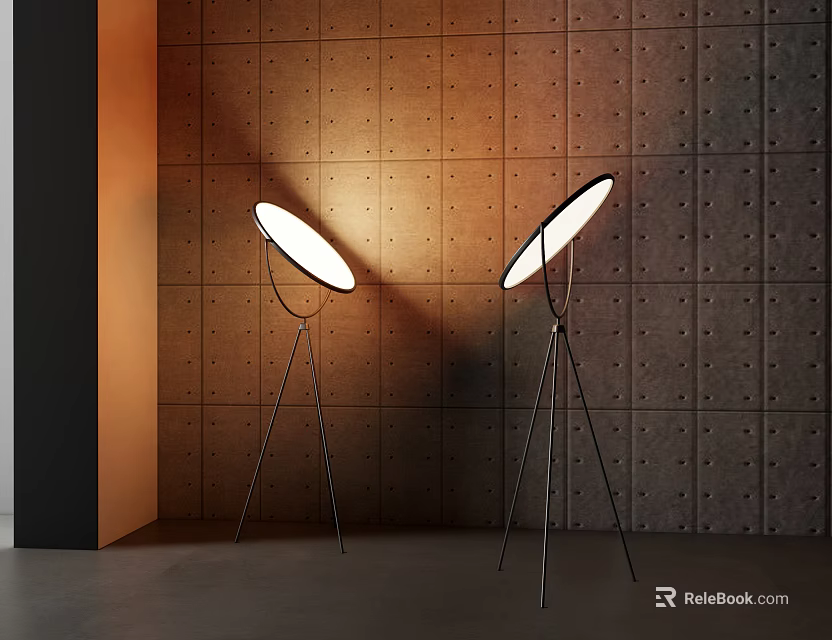 Modern Floor Lamps With Tripod Base And Round Shade Against Perforated Wall 3d model 