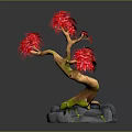 Decorative Bonsai Plant With Red Leaves Curved Trunk And Stone Base