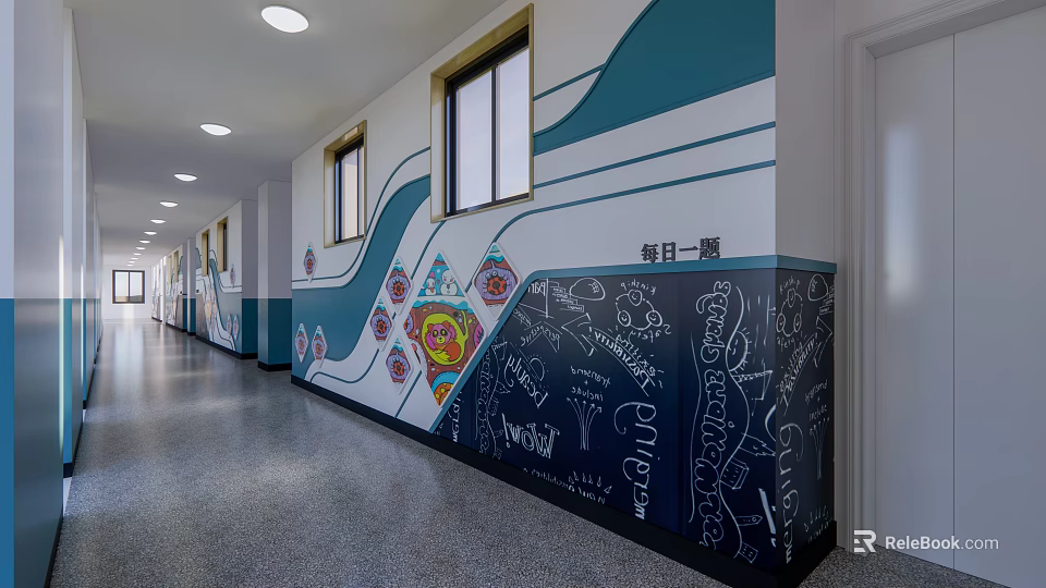 School Corridor Featuring Colorful Murals Wavy Decorations Blackboard Wall Hand Drawn Patterns and Windows 3d model