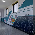 School Corridor Featuring Colorful Murals Wavy Decorations Blackboard Wall Hand Drawn Patterns and Windows 3d model