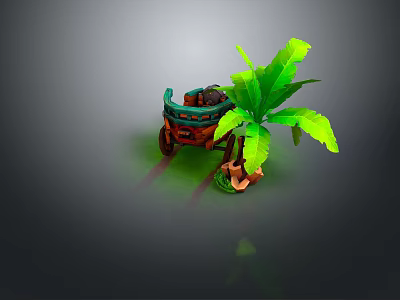 Vintage Decorative Cart Display With Green Leafy Plant And Wooden Accents 3d model