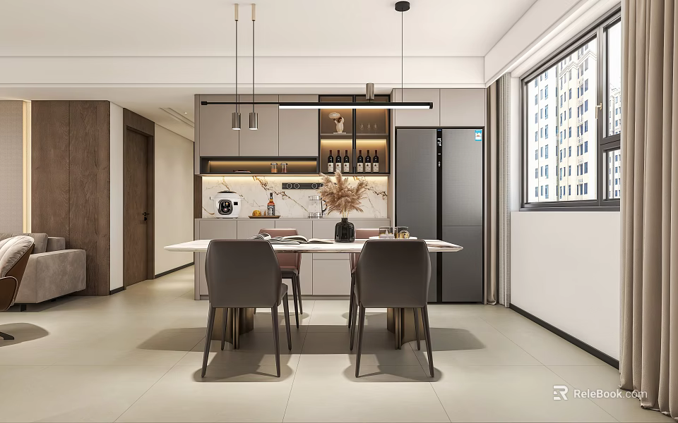 Modern Restaurant Interior With Dining Table Chairs Hanging Lights And Kitchen Cabinets 3d model 