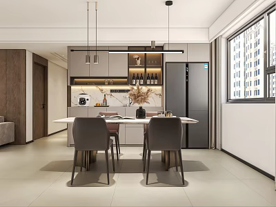 Modern Restaurant Interior With Dining Table Chairs Hanging Lights And Kitchen Cabinets 3d model