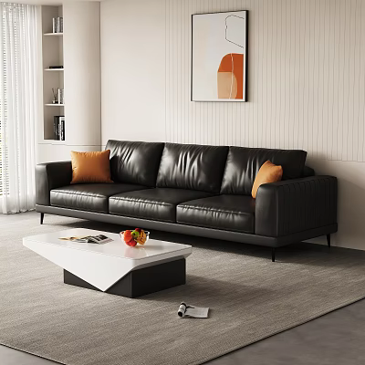 Modern Black Leather Three Seater Sofa With Orange Cushions In Living Room 3d model