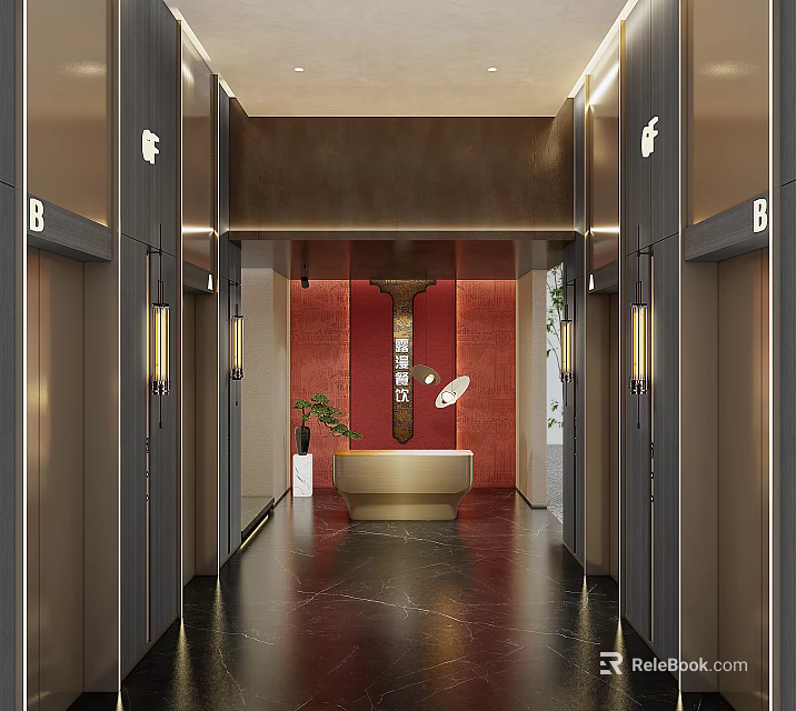 Modern Hotel Lobby Interior Design With Red Accent Wall Elevators And Green Plants 3d model