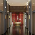 Modern Hotel Lobby Interior Design With Red Accent Wall Elevators And Green Plants 3d model