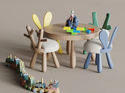 Cute Doll On Wooden Table With Rabbit Shaped Chairs Colorful Blocks And Wooden Train Toy 3d model