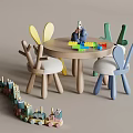 Cute Doll On Wooden Table With Rabbit Shaped Chairs Colorful Blocks And Wooden Train Toy
