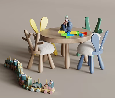 Cute Doll On Wooden Table With Rabbit Shaped Chairs Colorful Blocks And Wooden Train Toy 3d model