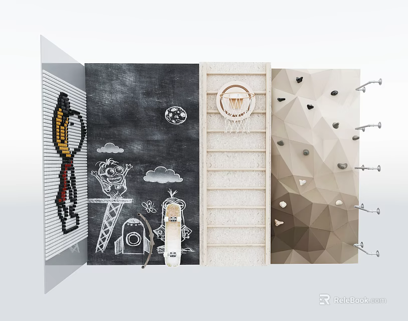 Sports Equipment Setup On Chalkboard Wall With Basketball Hoop Ladder And Hooks 3d model 