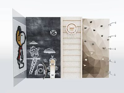 Sports Equipment Setup On Chalkboard Wall With Basketball Hoop Ladder And Hooks 3d model