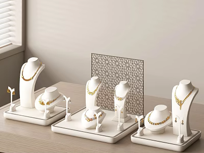 Elegant Gold Jewelry Display with White Stands Necklaces Earrings and Laser Cut Panel 3d model