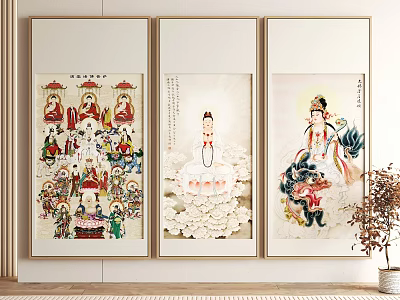 Traditional Chinese Figure Paintings With Multiple Deities Lotus And Lion Elements 3d model