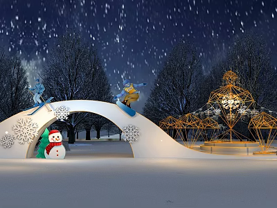 Snowy Night Scene Photo Spot With Snowman Skier Sculptures Arched Snow Cave And Lit Pavilion 3d model