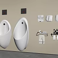 Modern White Urinals Mounted on Beige Wall with Hand Dryers and Towel Racks