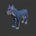 Low Poly 3D Wolf Character Model Featuring Blue Fur Red Eyes Sharp Teeth
