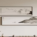 Traditional Chinese Landscape Paintings With Mountains Water Flying Birds And Calligraphy Hanging On Wall