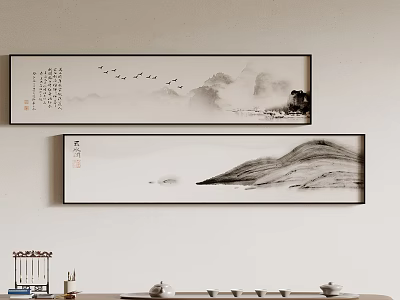 Traditional Chinese Landscape Paintings With Mountains Water Flying Birds And Calligraphy Hanging On Wall 3d model