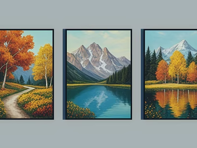 Three Scenic Landscape Paintings With Autumn Trees Mountain Lake Path And Reflection 3d model