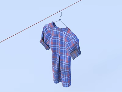 Stylish Short Sleeve Plaid Dress In Blue And Red Hanging On Hanger 3d model