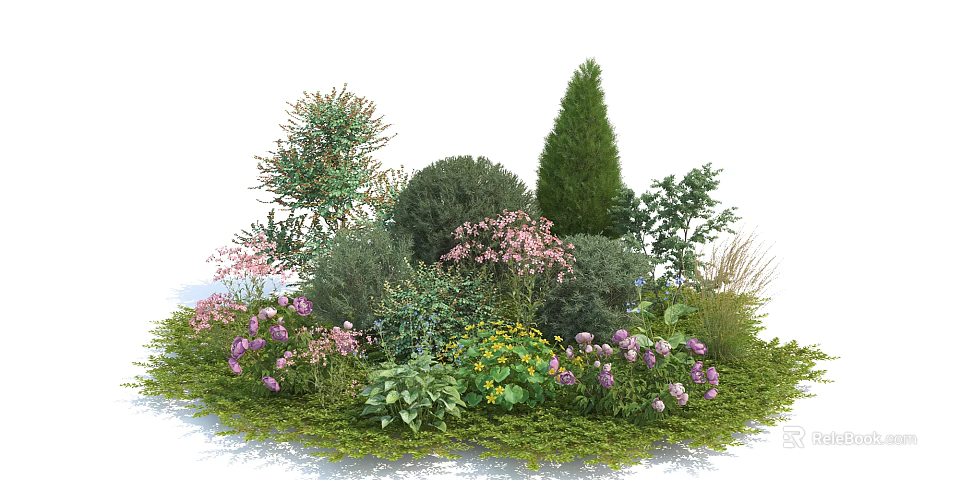 Diverse Flowering Shrubs in Garden Landscape With Purple Pink Flowers Green Foliage Conical Round Shapes 3d model 
