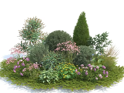 Diverse Flowering Shrubs in Garden Landscape With Purple Pink Flowers Green Foliage Conical Round Shapes 3d model