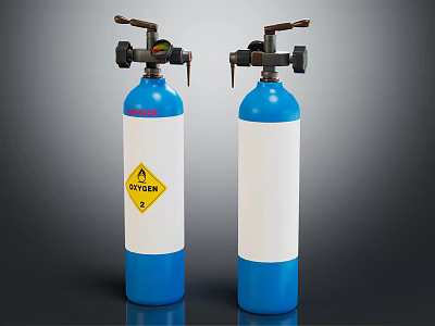 Two Commercial Blue And White Oxygen Cylinders With Valves Gauges And Safety Warning Labels 3d model