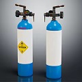Two Commercial Blue And White Oxygen Cylinders With Valves Gauges And Safety Warning Labels
