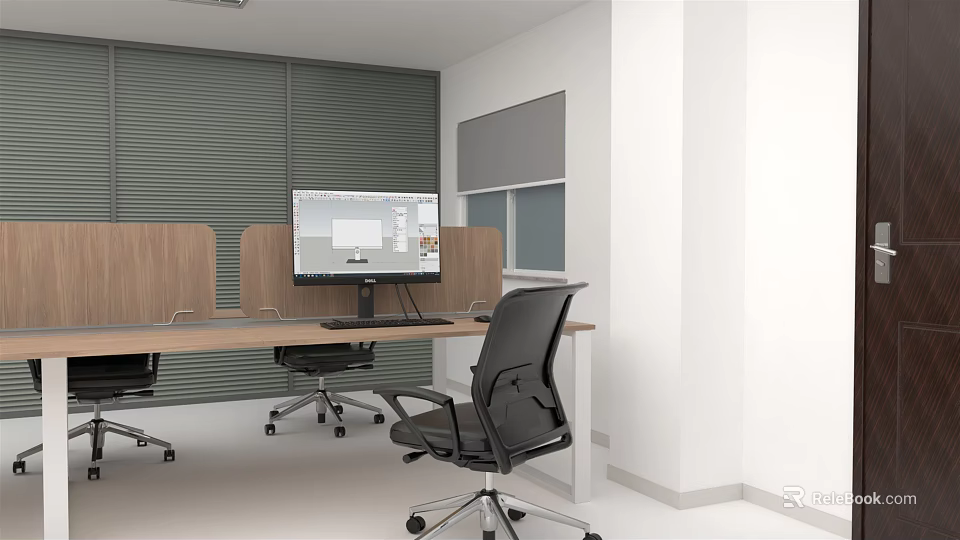 Modern Public Office Space Interior With Wooden Partitions Computer Monitors And Black Office Chairs 3d model 
