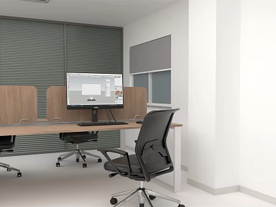 Modern Public Office Space Interior With Wooden Partitions Computer Monitors And Black Office Chairs 3d model