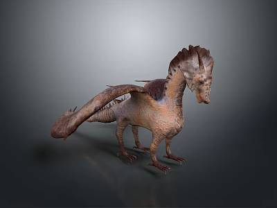 Realistic 3D Dragon Model With Brown Scales And Winged Body Standing On Gray Background 3d model