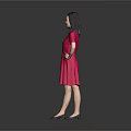 Elegant Woman Standing In Red Dress With Gray Background And Hand On Hip