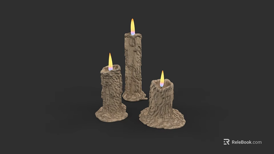 Three Candle Decorative Ornament Set with Burning Flames and Bark Textured Bases 3d model 