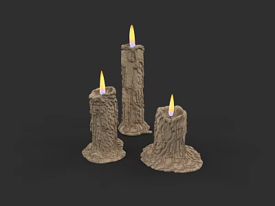 Three Candle Decorative Ornament Set with Burning Flames and Bark Textured Bases 3d model