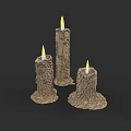 Three Candle Decorative Ornament Set with Burning Flames and Bark Textured Bases