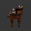 Vintage Wooden Desk With Stack of Books Table Lamp Metal Jar and Decorative Items