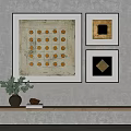 Abstract Paintings With Yellow Dots Lines And Gold Black Elements On Wall 3d model