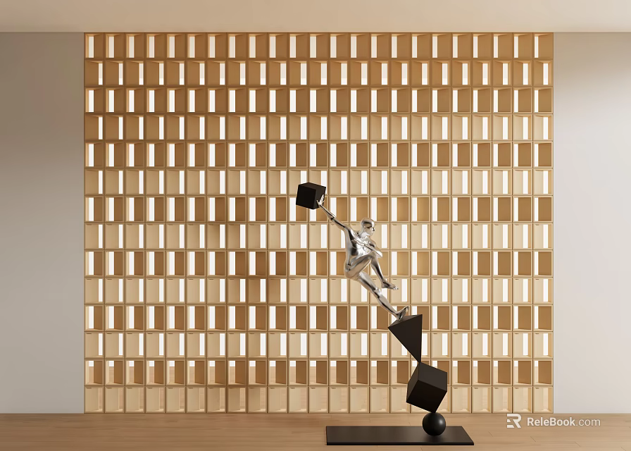 Dynamic Metallic Sculpture With Geometric Cubes On Black Base Against Light Wooden Grid Wall 3d model 