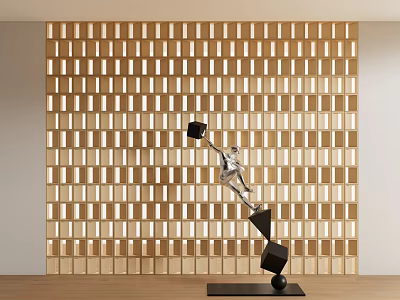 Dynamic Metallic Sculpture With Geometric Cubes On Black Base Against Light Wooden Grid Wall 3d model