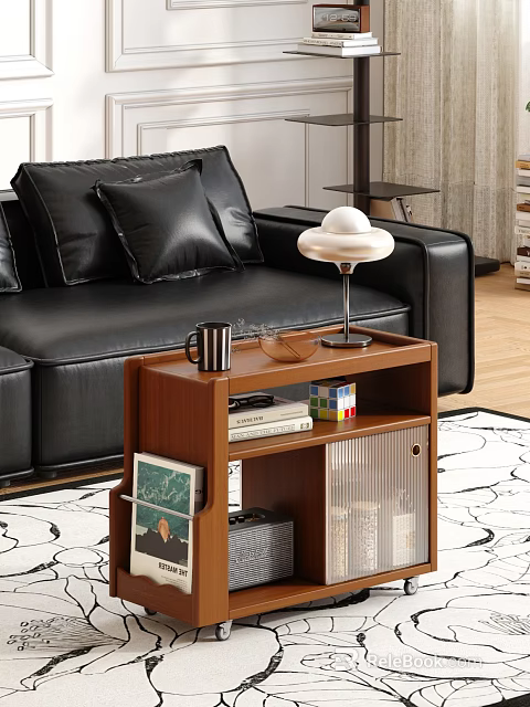 Modern Wooden Coffee Table With Table Lamp Mug Glasses And Books On Shelf 3d model 
